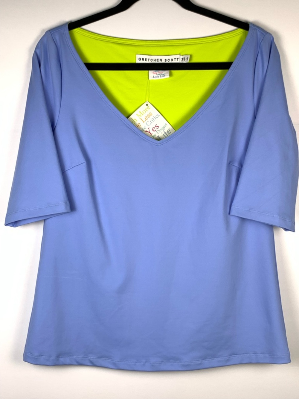 Gretchen Scott NWT Womens Medium Blue V Neck Stretch Top 3/4 Sleeve Golf - Picture 3 of 15